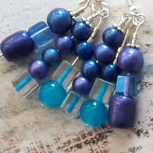 Artisan earrings  421# Blue fringe dangle earring Purple earrings multi color - Picture 2 of 4